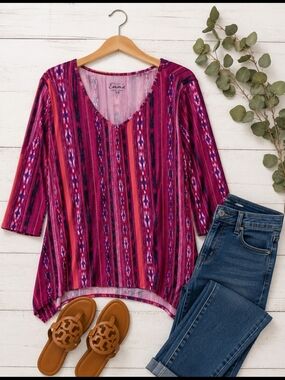 Simply Emma 1X Pink Purple Boho Tunic Top | V-Neck 3/4 Sleeve Plus Size